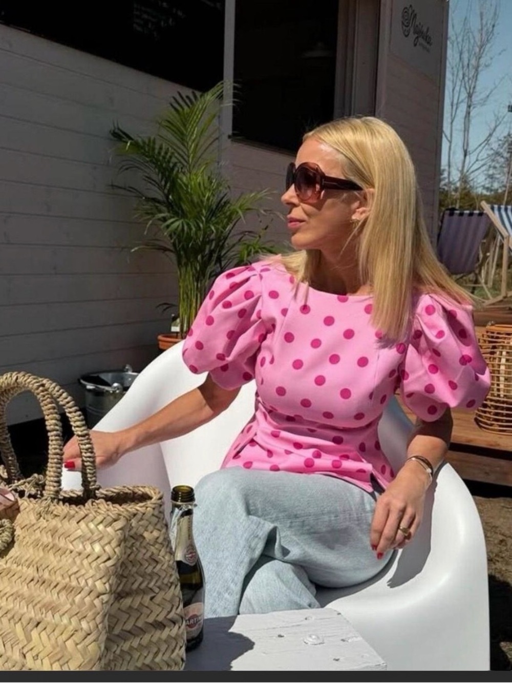 🔥🔥Zara Pink Polka Dot Puff-Sleeve Top
